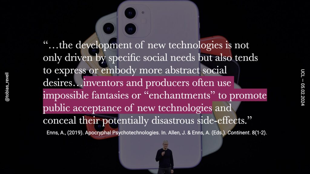  the development of new technology is not only driven by specific needs, but also tends to express or embody abstract social desires. inventors and producers often use impossible fantasies or enchantments to promote public acceptance of new technologies and conceal that publish that potentially disastrous side effects.