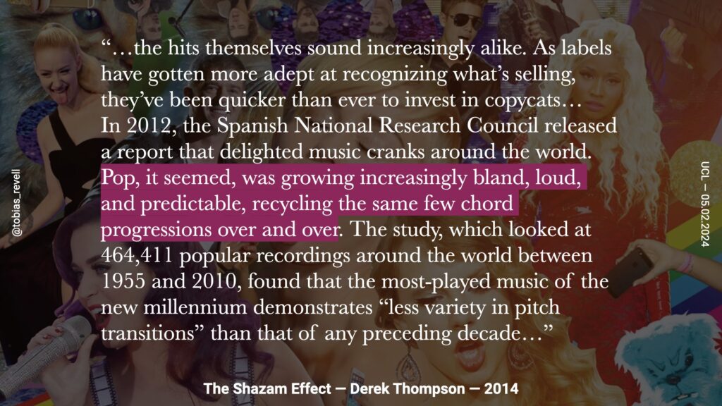  In 2012, the Spanish National Research Council released a report that delighted music cranks around the world pop it seemed, with growing increasingly bland, loud and predictable, recycling the same few chord progressions over and over the study, which looked at 464,000 popular recordings around the world between 1955 and 2010. found that the most played music of the new millennium demonstrates less variety and pitch transitions than any preceding decade.